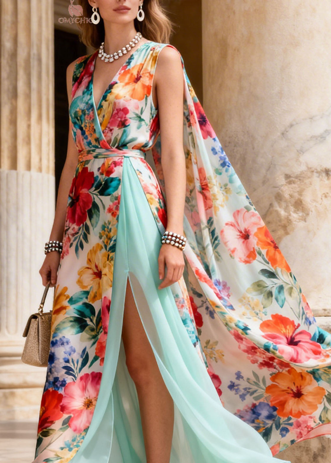 Hibiscus Floral Print Deep V-Neck Wrap Tie Belt Cape Maxi Gown - View 2