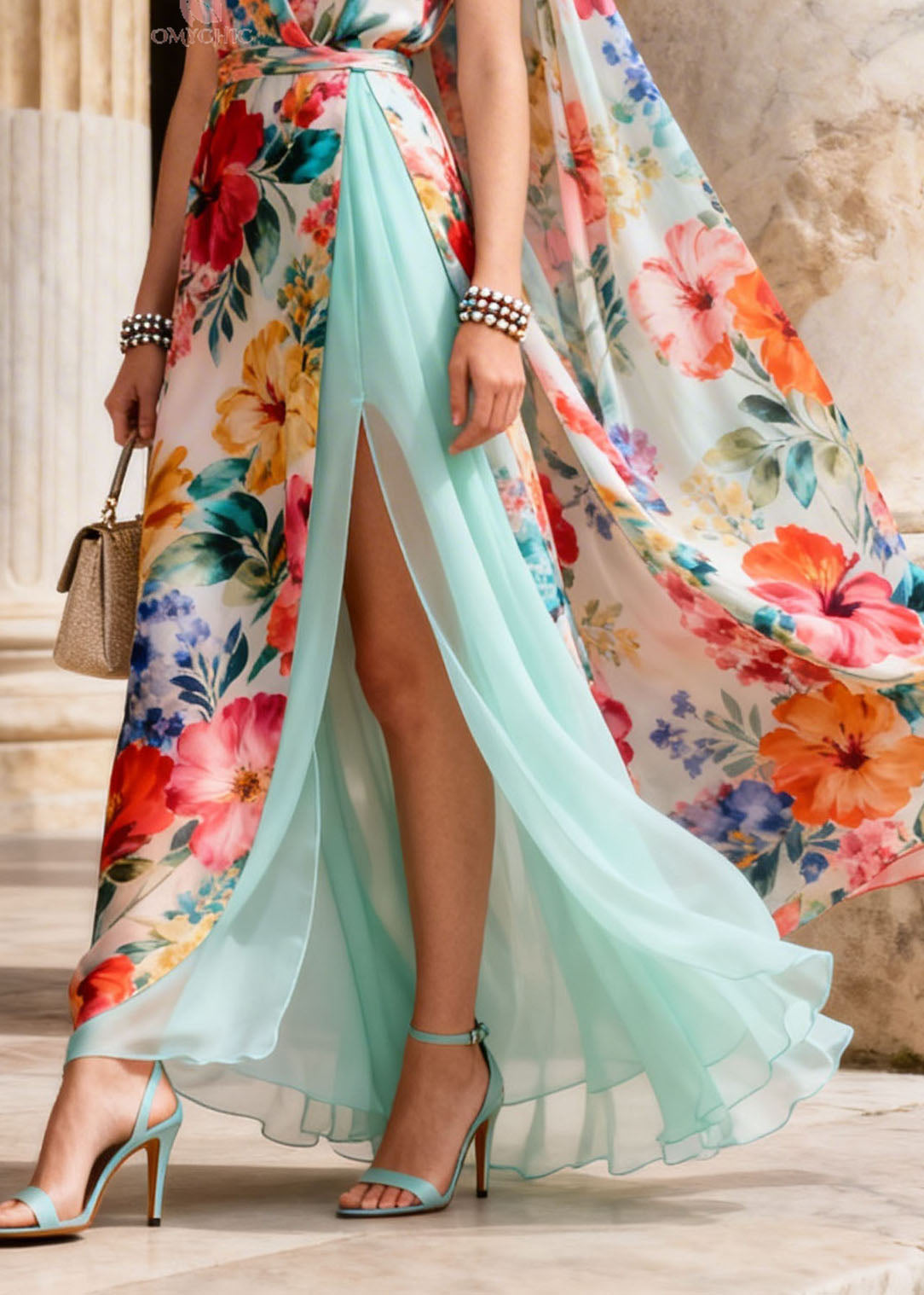 Hibiscus Floral Print Deep V-Neck Wrap Tie Belt Cape Maxi Gown - View 4