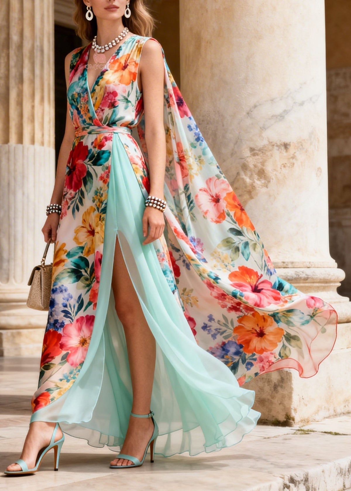 Hibiscus Floral Print Deep V-Neck Wrap Tie Belt Cape Maxi Gown - View 5
