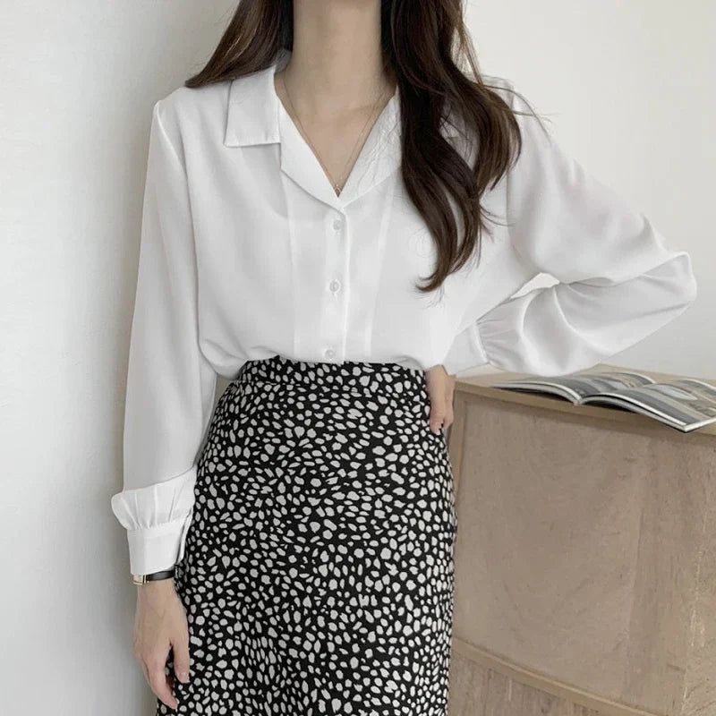 Thin Solid Color Long Sleeve Turn Down Collar Blouse