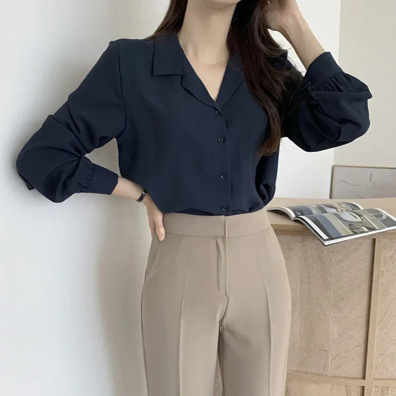 Thin Solid Color Long Sleeve Turn Down Collar Blouse
