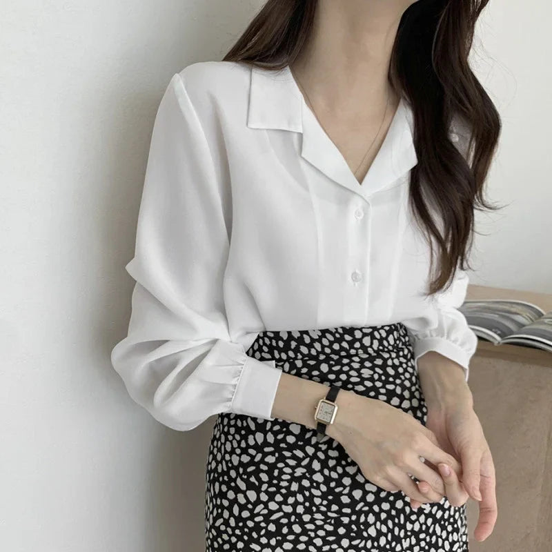 Thin Solid Color Long Sleeve Turn Down Collar Blouse