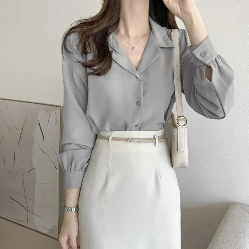 Thin Solid Color Long Sleeve Turn Down Collar Blouse