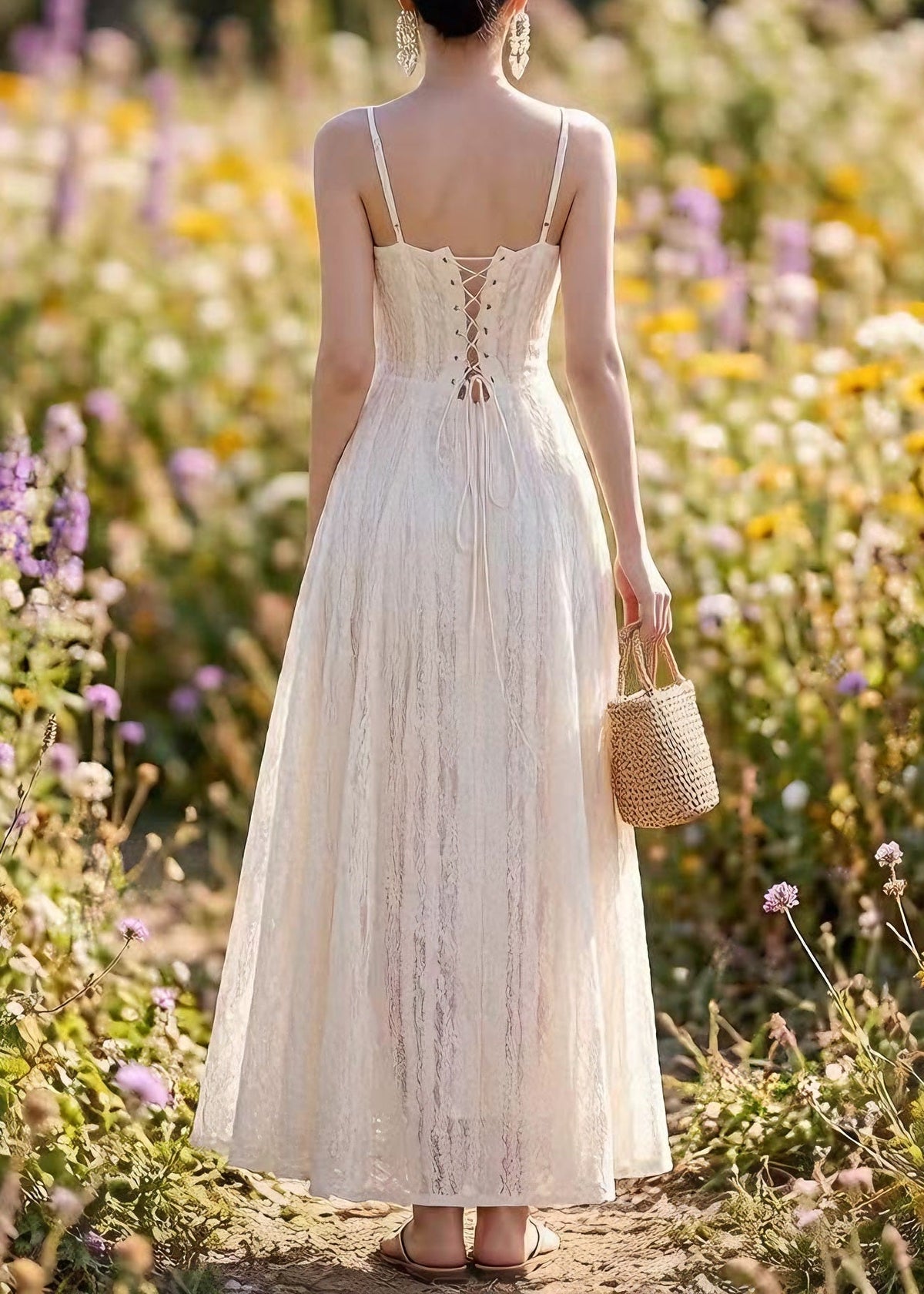 French White Lace Up Spaghetti Strap Summer Dress - View 2