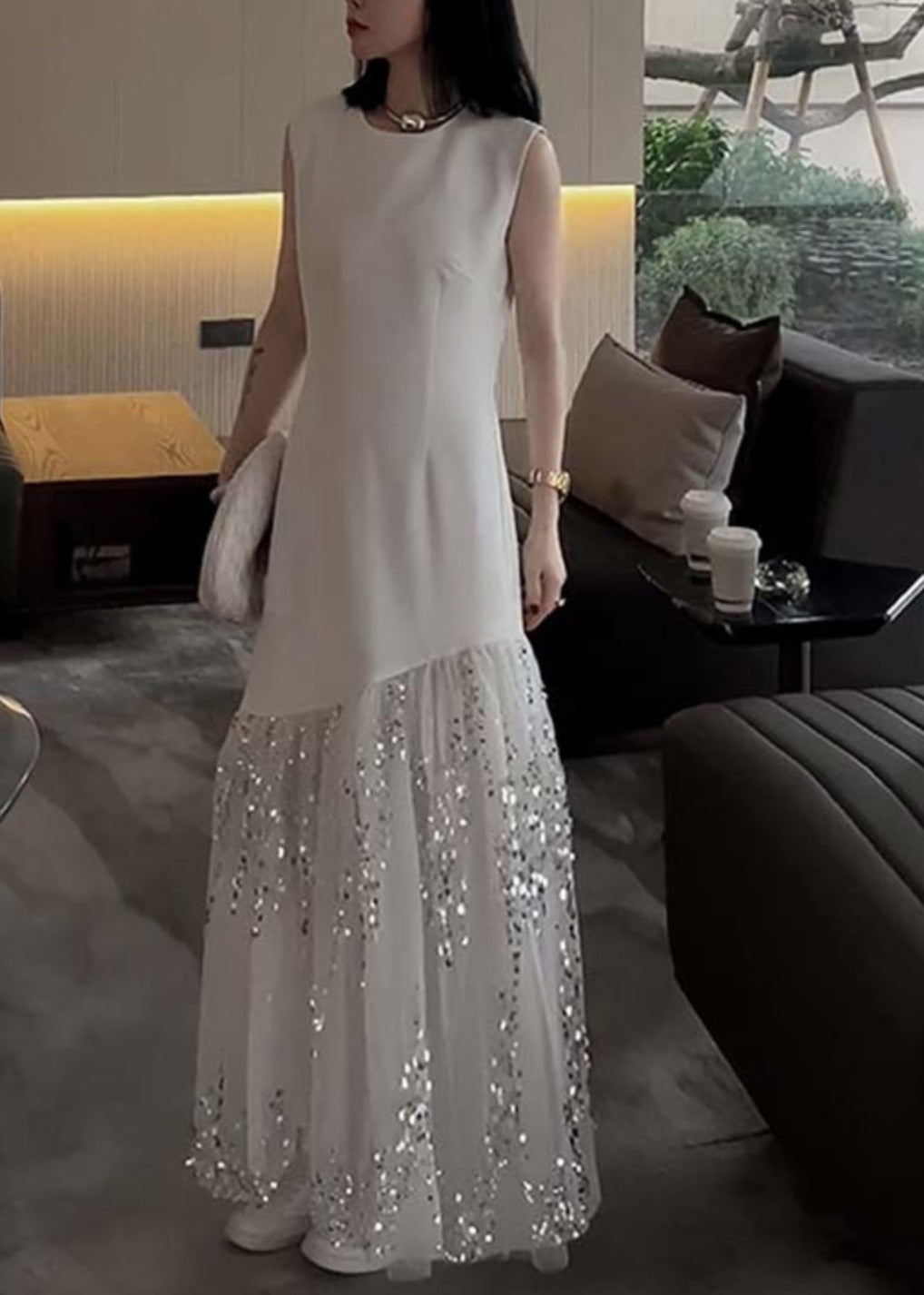 Sequin Dripping Tulle Panel Sleeveless Crew Neck Maxi Gown
