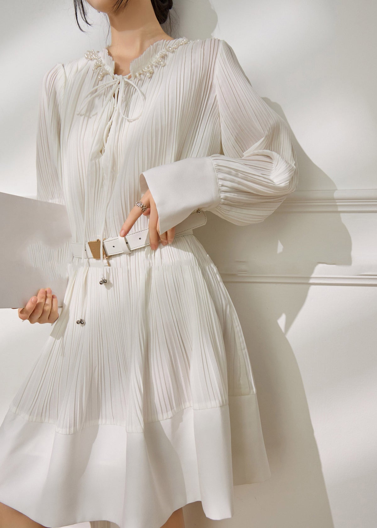 Pleated Pearl Trim Ruffle Collar Tie Neck Belted Mini Dress