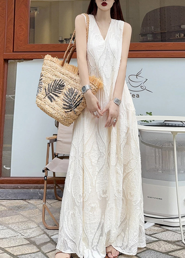 Jacquard Leaf Embossed Deep V-Neck Sleeveless Flowy Maxi Dress
