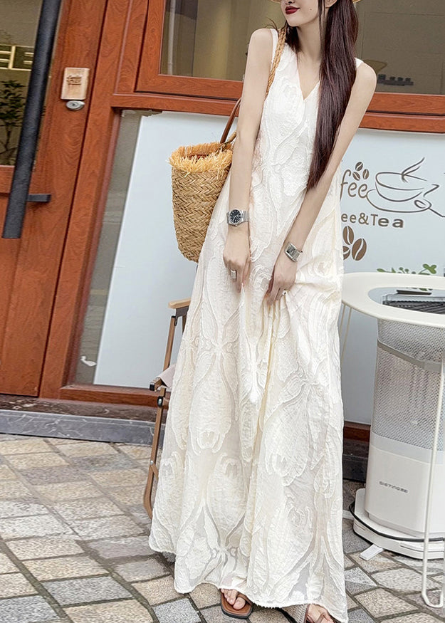 Jacquard Leaf Embossed Deep V-Neck Sleeveless Flowy Maxi Dress - View 5