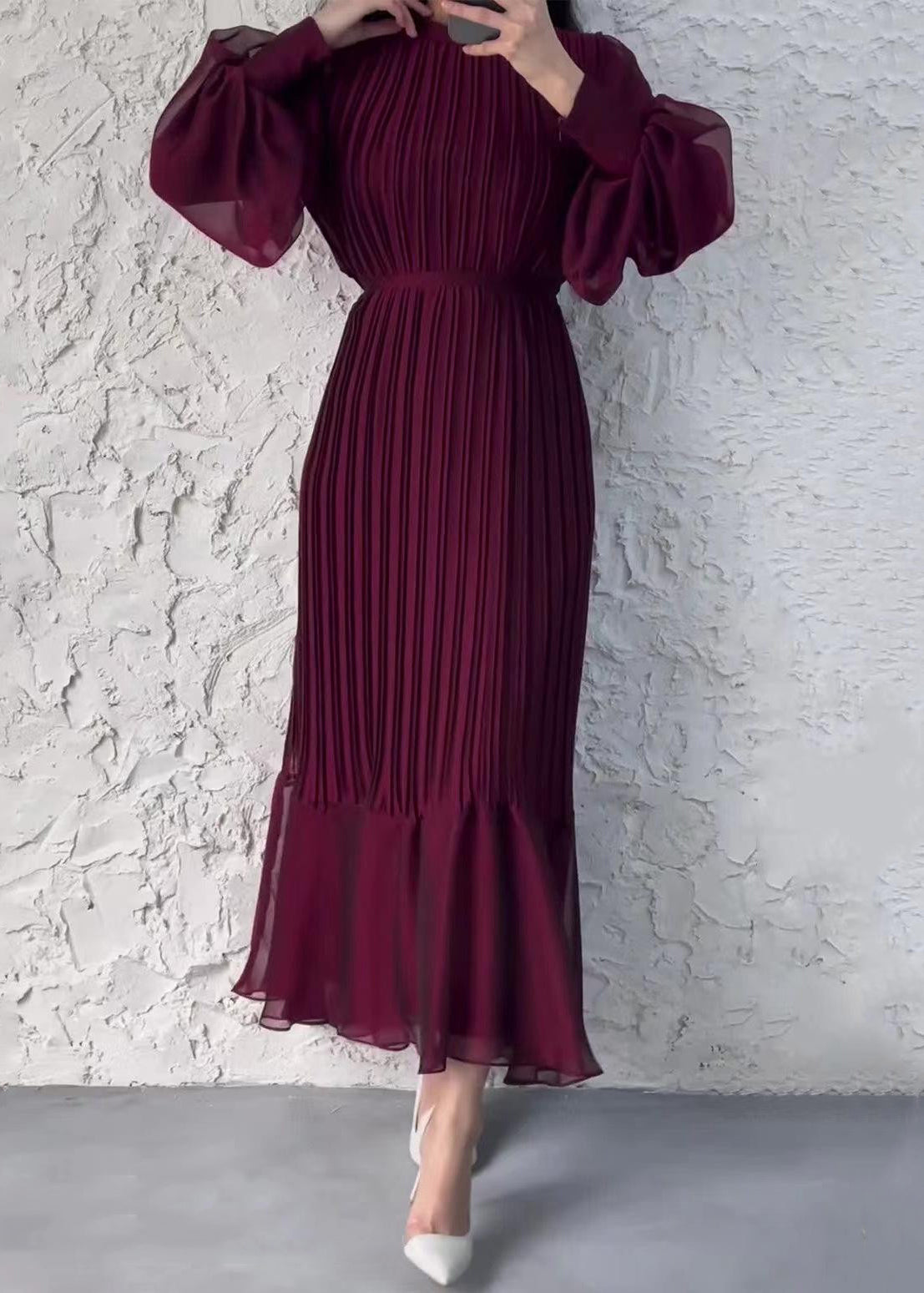 Chiffon Pleated Mock Neck Sheer Bishop Sleeve Ruffle Maxi Dress