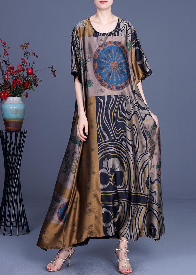 Patchwork Print Round Neck Drop Shoulder Oversized Satin Maxi Dress