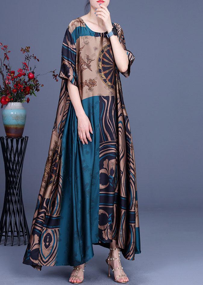 Patchwork Print Round Neck Drop Shoulder Oversized Satin Maxi Dress - View 2