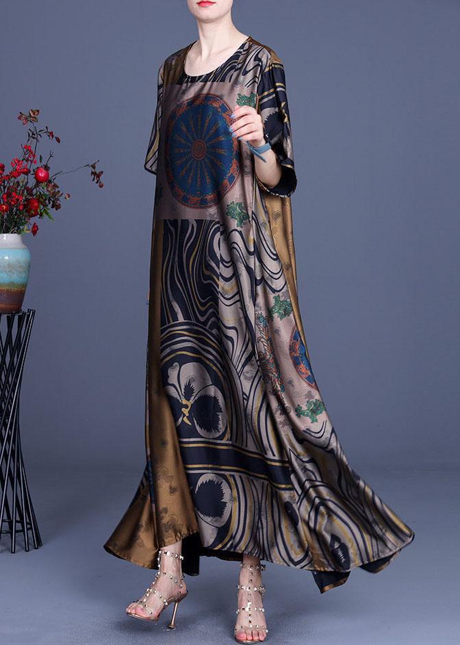 Patchwork Print Round Neck Drop Shoulder Oversized Satin Maxi Dress - View 3