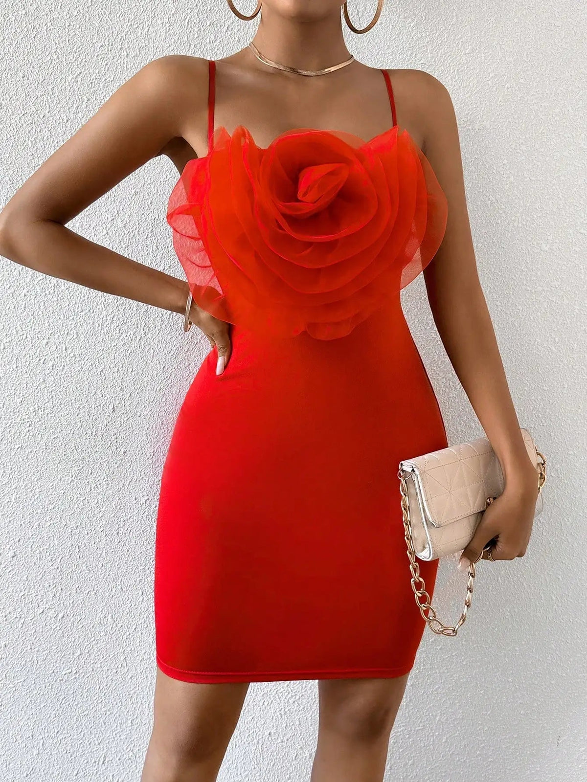 3D Rosette Spaghetti Strap Bodycon Mini Dress 5