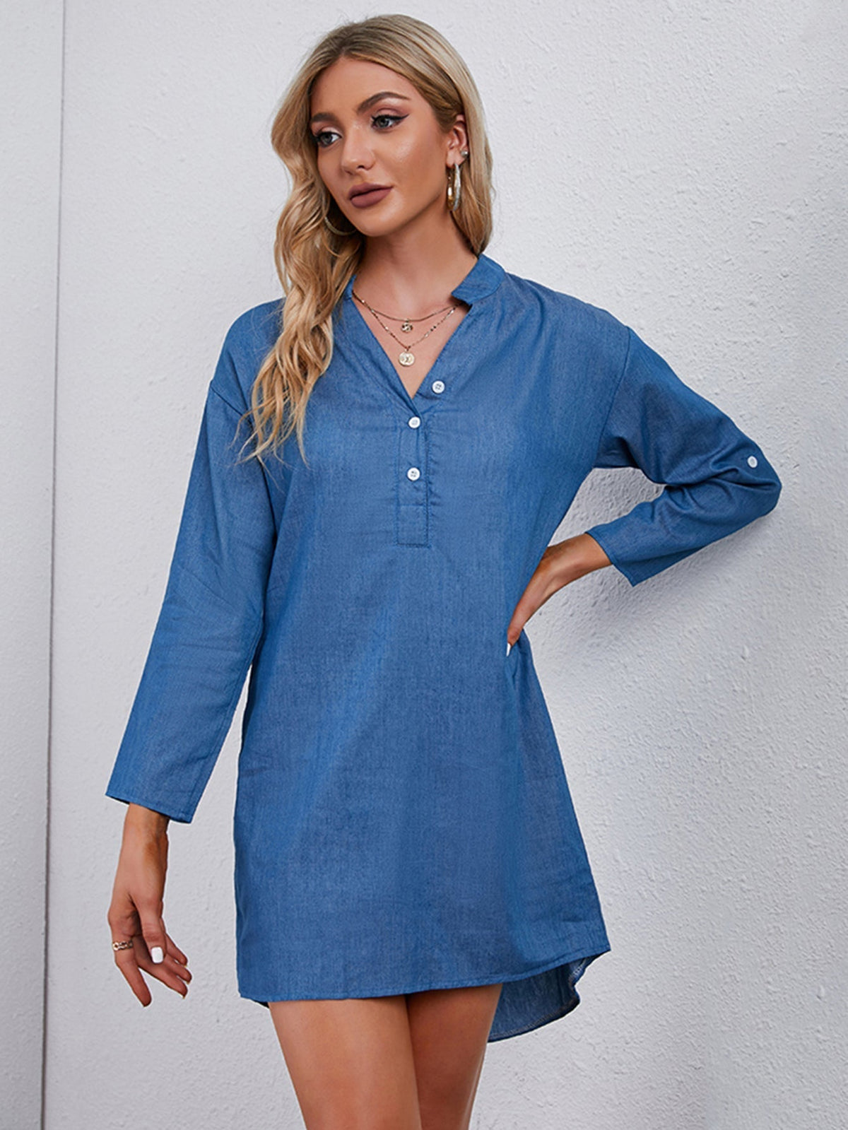 Denim Collared Long Sleeve Button Shirt Dress