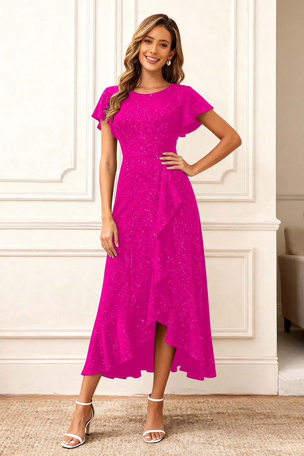 Black Round Neck Midi Glitter Holiday Party Dress with Sleeves