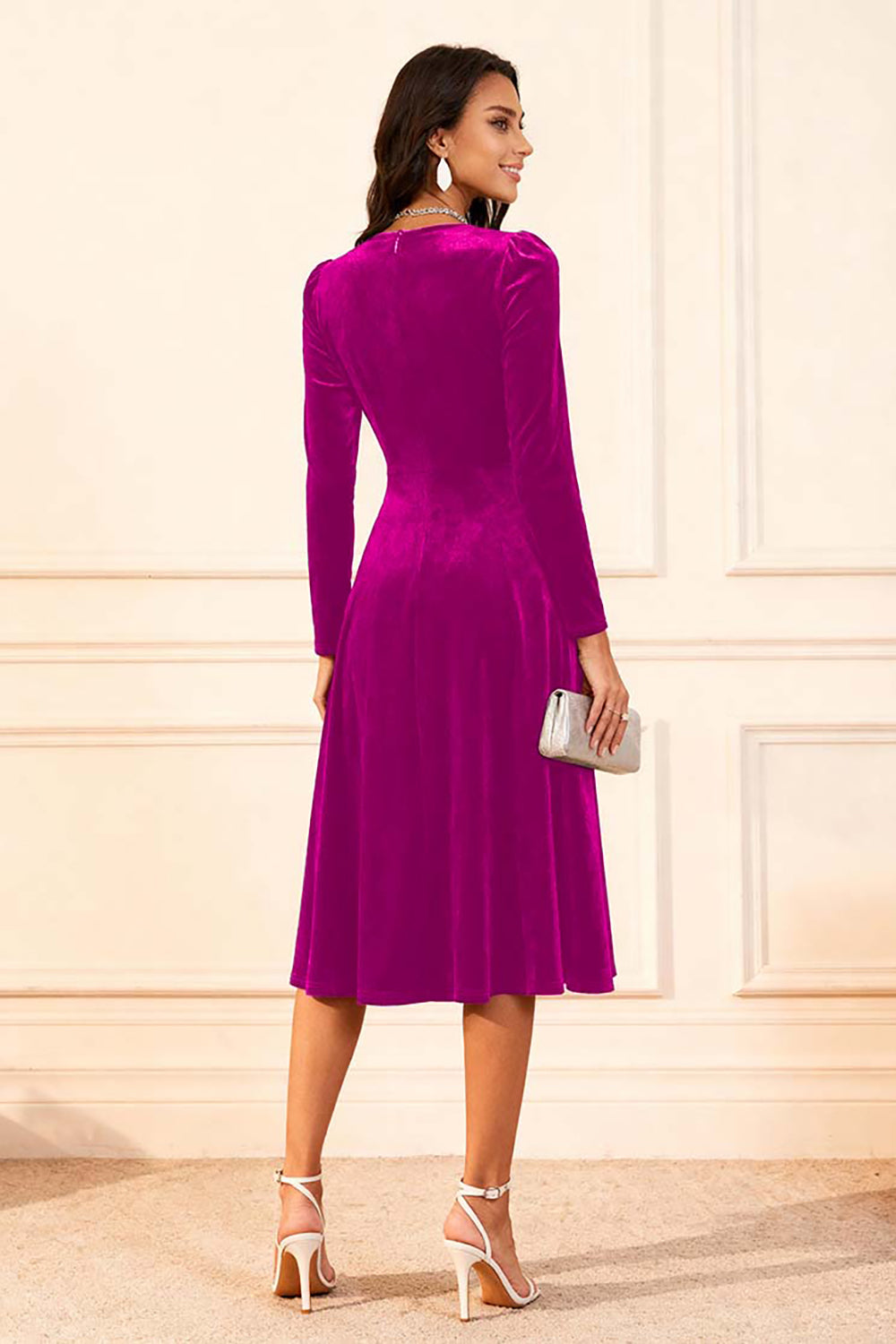 Dark Green A Line Velvet Midi Glitter Holiday Party Dress with Sleeves