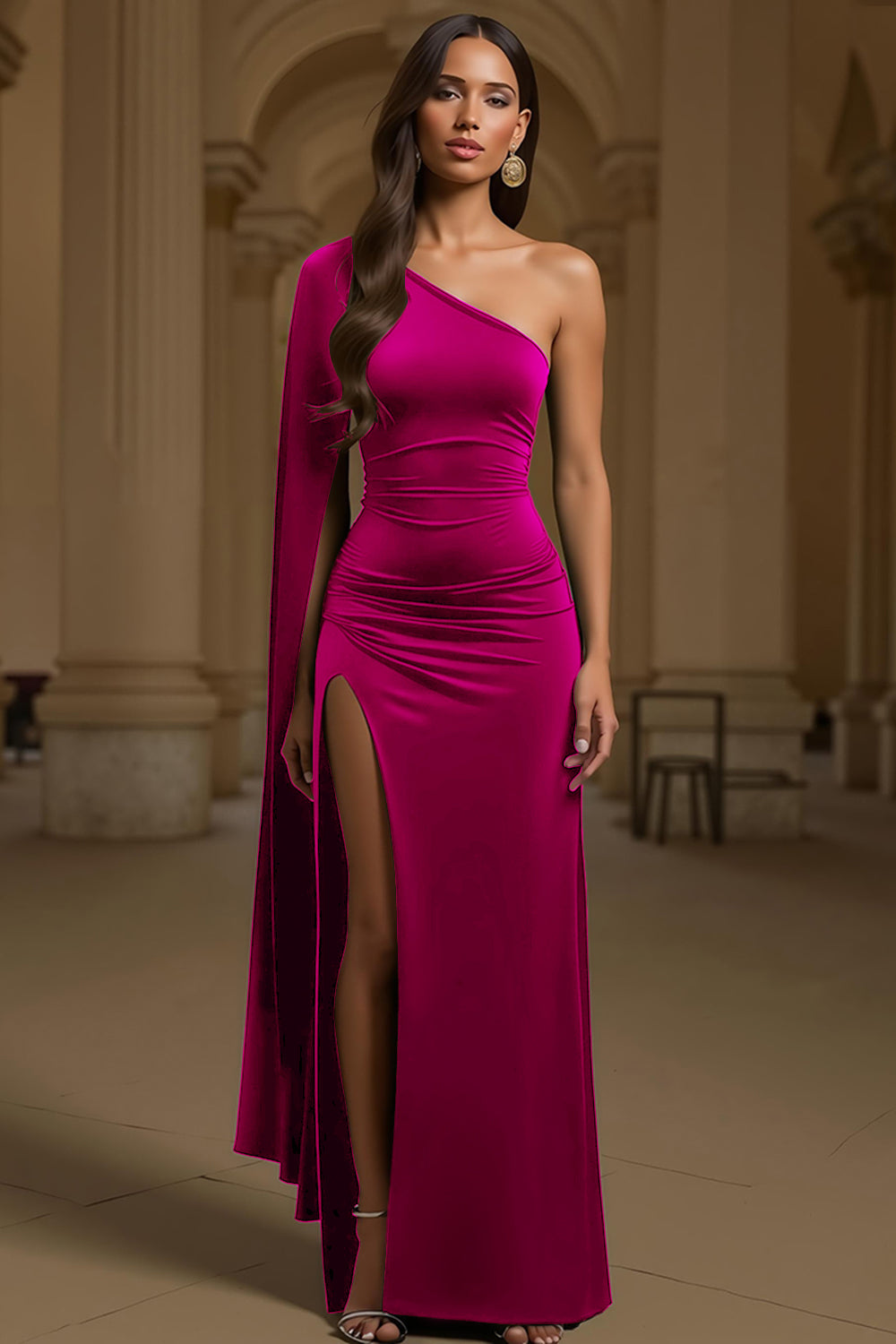 Dark Green Sheath One Shoulder Velvet Long Holiday Party Dress with Slit