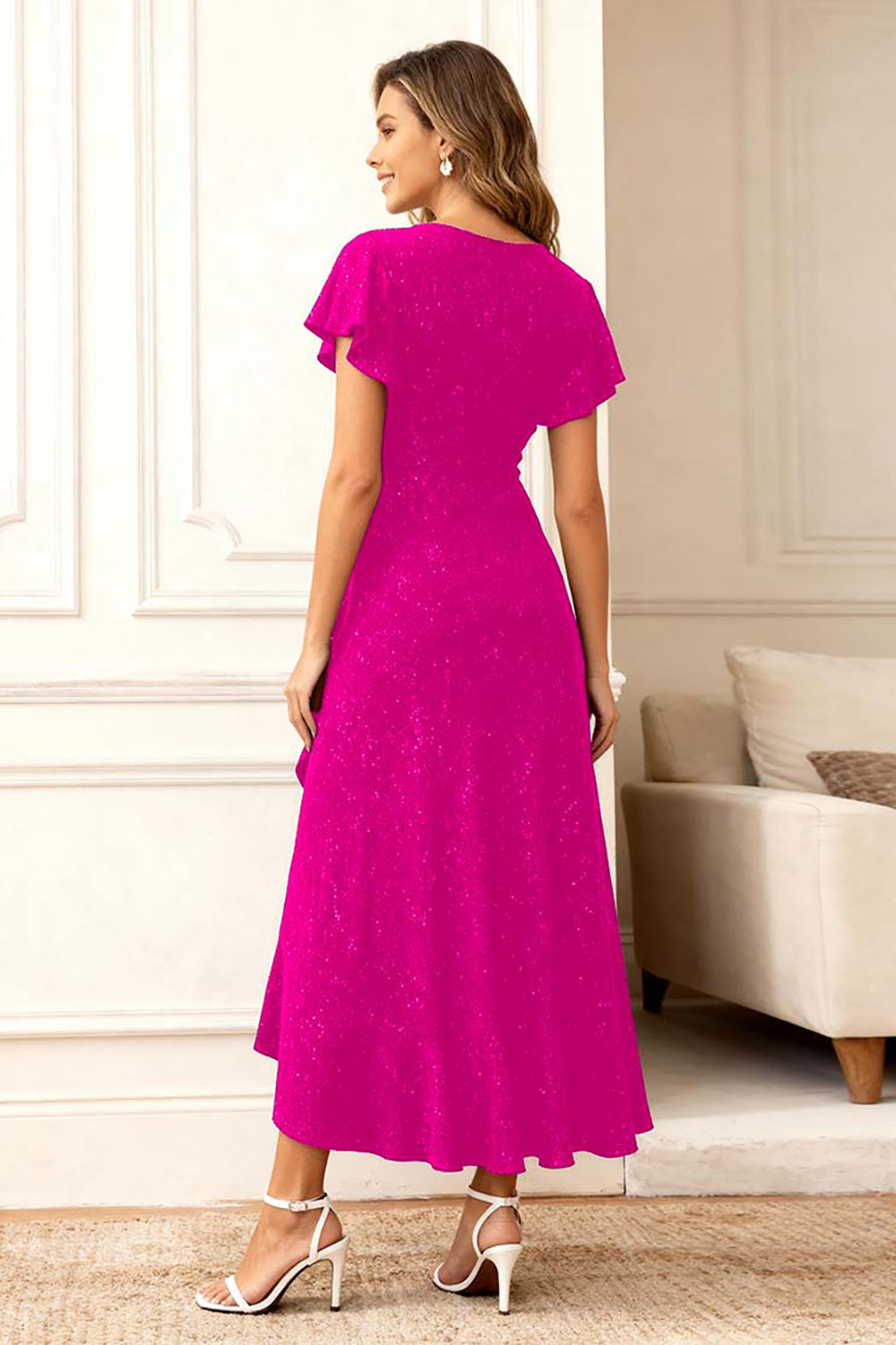 Black Round Neck Midi Glitter Holiday Party Dress with Sleeves