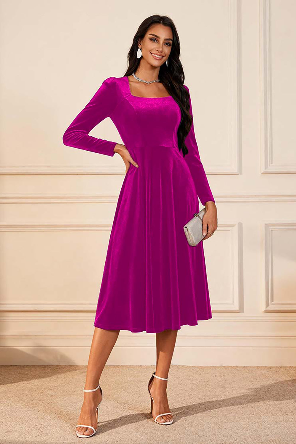 Dark Green A Line Velvet Midi Glitter Holiday Party Dress with Sleeves