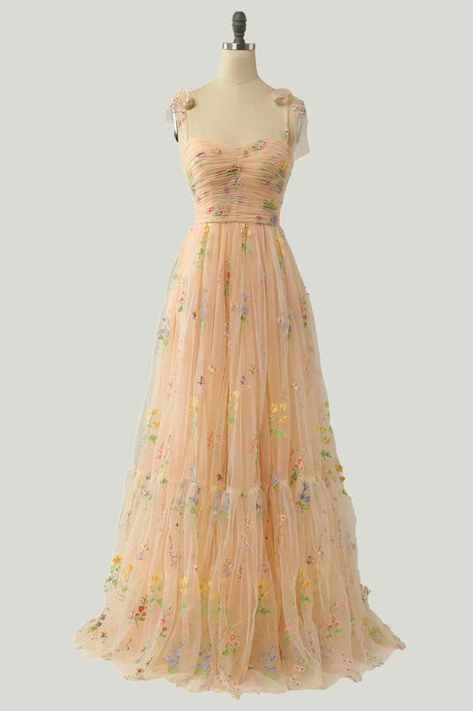 Floral Embroidered Tulle Tie-Strap A-Line Gown