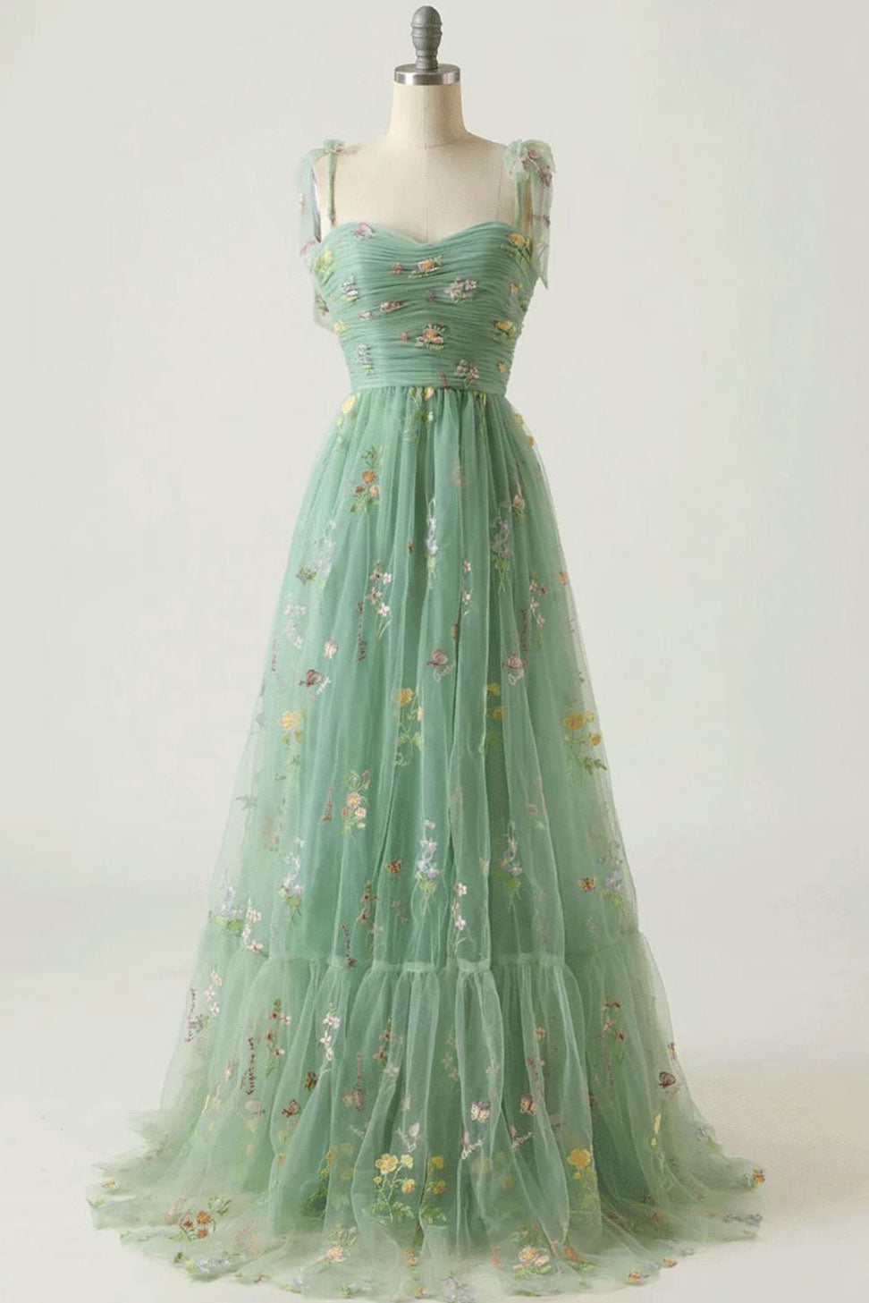 Floral Embroidered Tulle Tie-Strap A-Line Gown