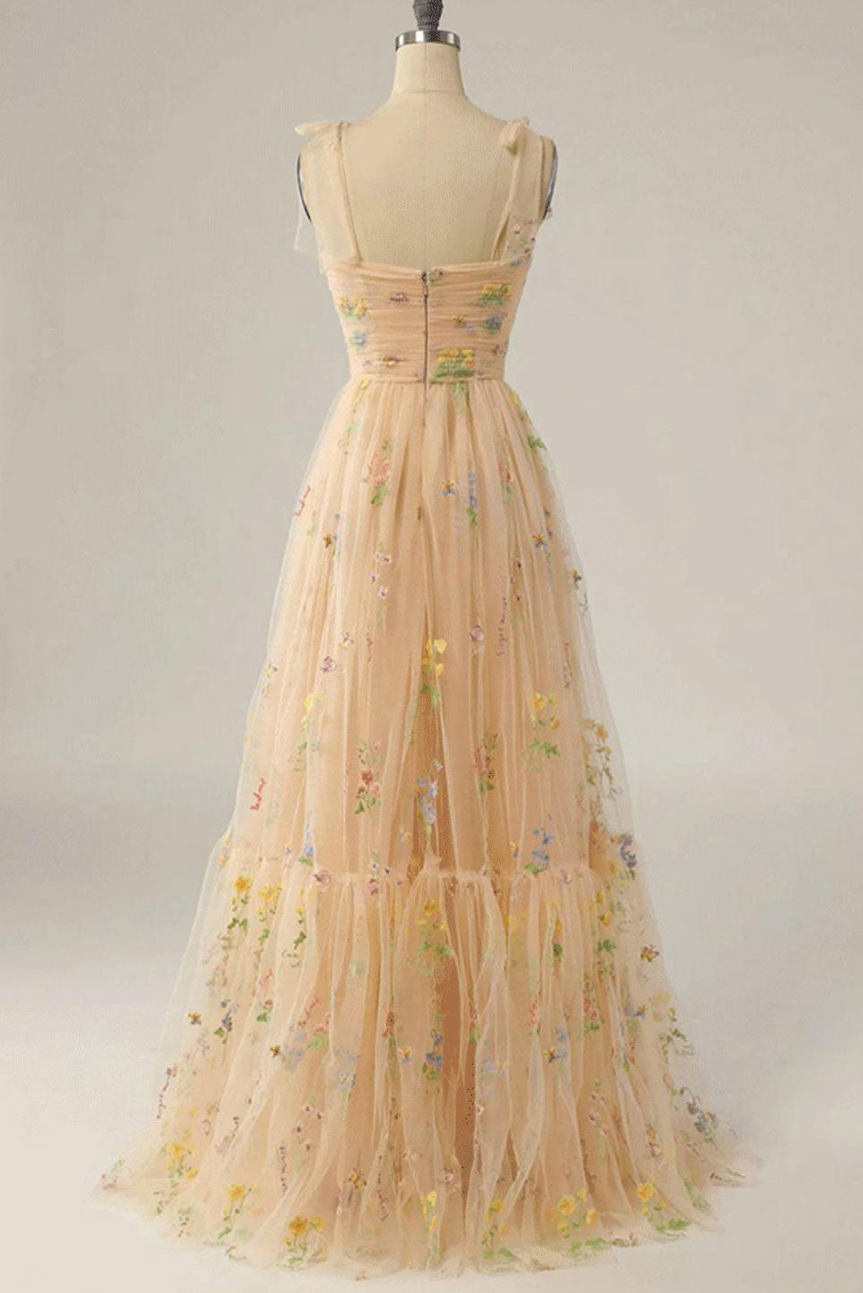 Floral Embroidered Tulle Tie-Strap A-Line Gown