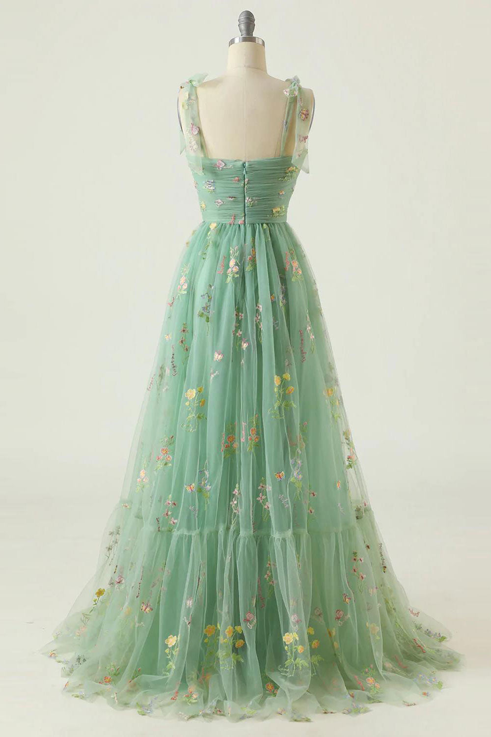 Floral Embroidered Tulle Tie-Strap A-Line Gown