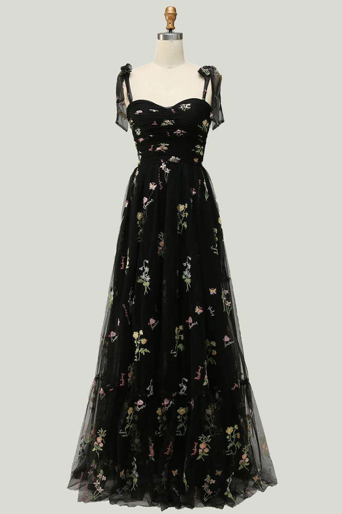 Floral Embroidered Tulle Tie-Strap A-Line Gown