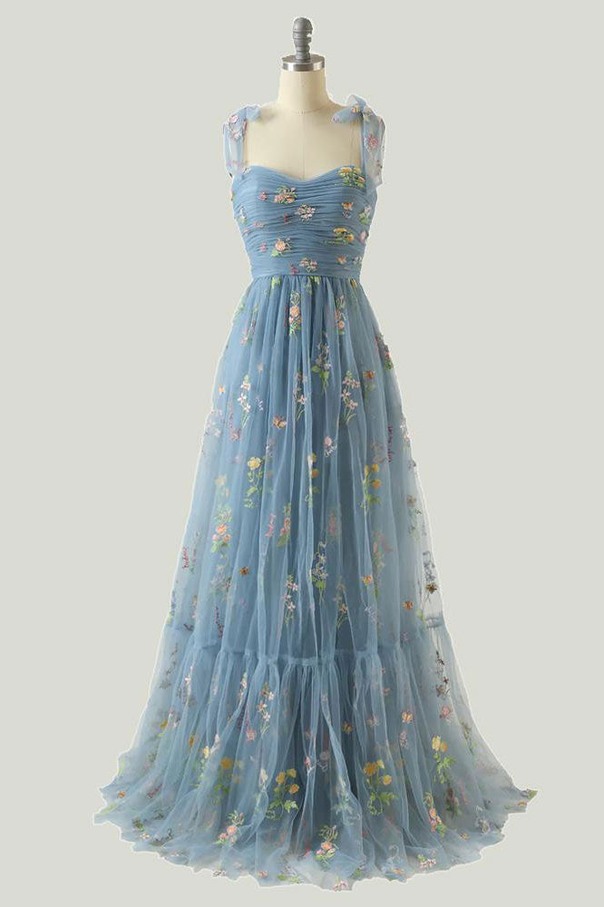 Floral Embroidered Tulle Tie-Strap A-Line Gown