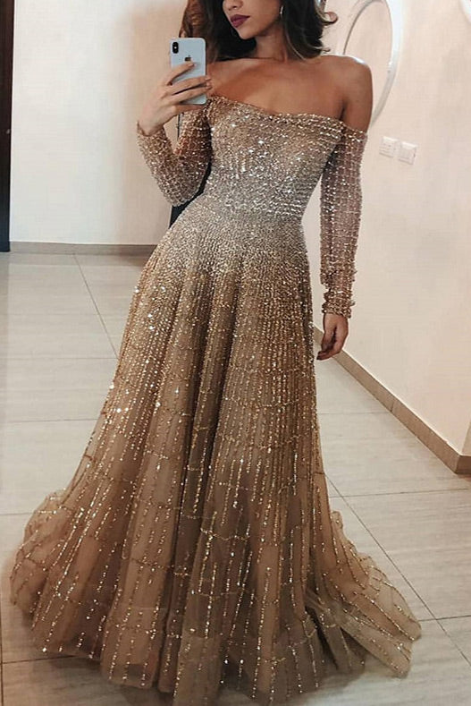 Sparkly Off Shoulder A-Line Prom Gown Evening Dress  Fashionpara