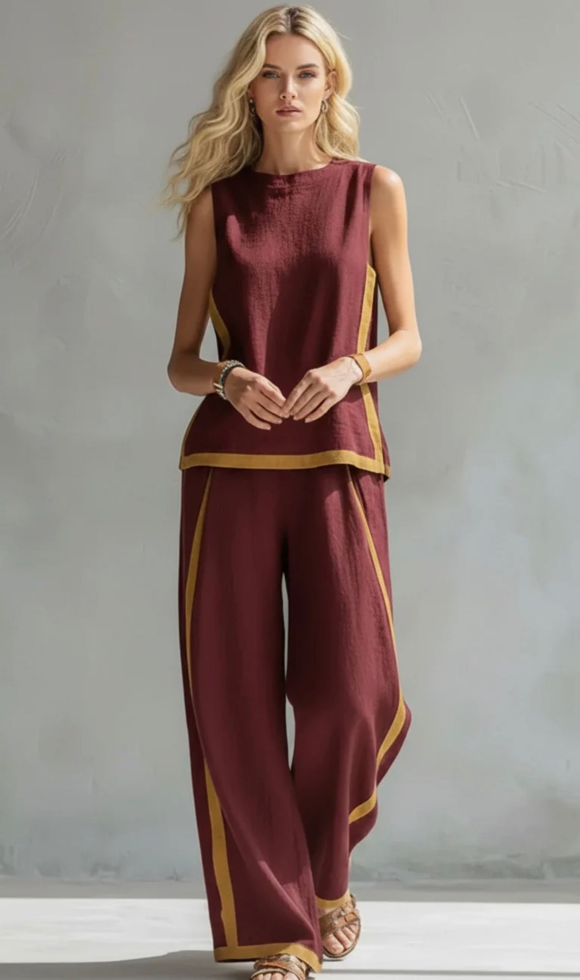 Sleeveless Contrast Trim Top and Wide Leg Pants Two Piece Set 9