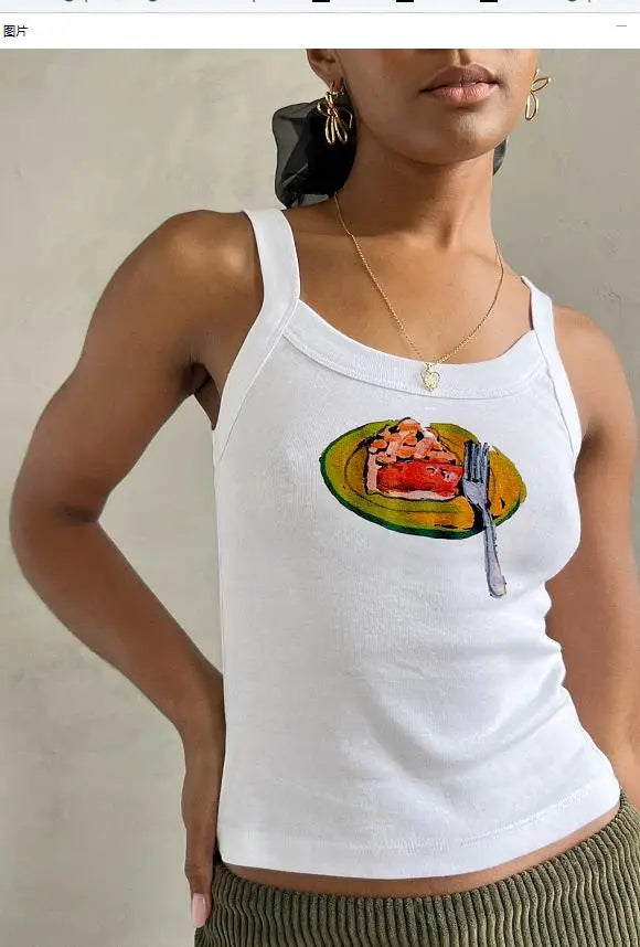 Cartoon Print O-Neck Crop Top