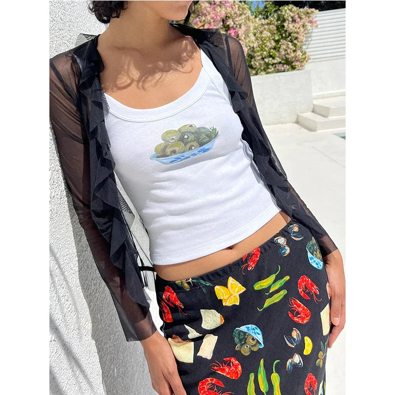 Cartoon Print O-Neck Crop Top
