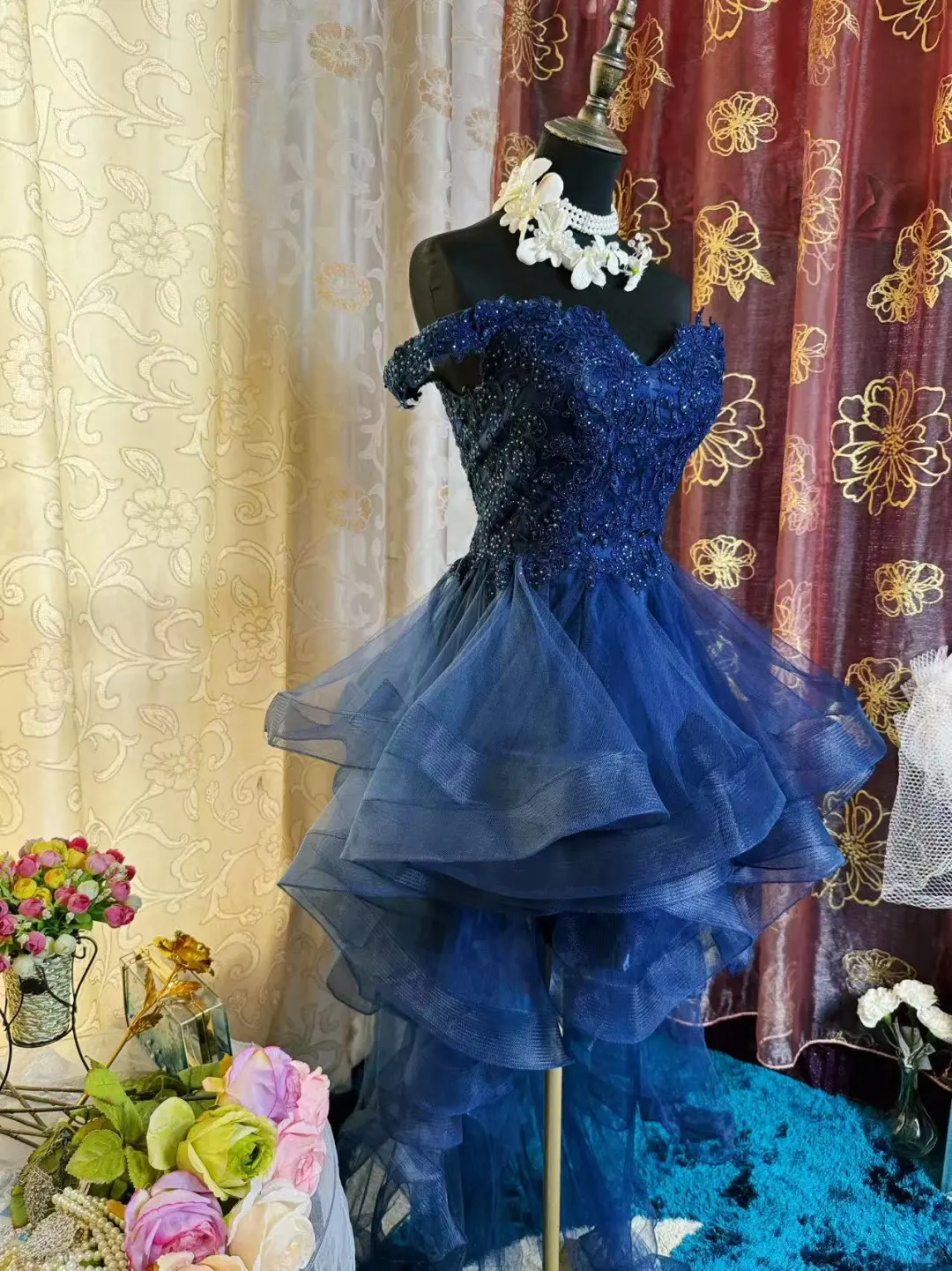 Vintage Navy Blue Tulle Appliques A Line Short Homecoming Dress Off The Shoulder 19th Birthday Outfits D725