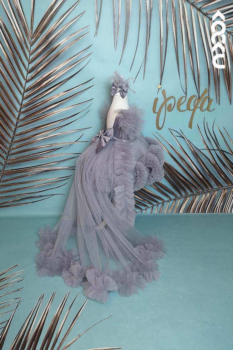 G3004 - Gray Round Neck Satin Tulle Baby Girl Gown With Detachable Train