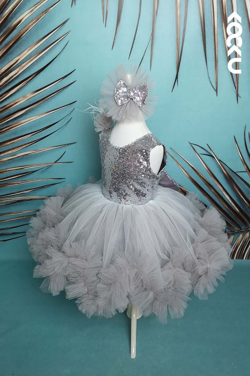 G3007 - Round Neck Sequined Tulle Baby Girl Gown With Detachable Trail