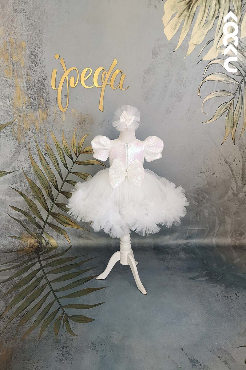 G3014 - Round Neck Sequined Tulle Baby Girl Gown With Short Puff Sleeves