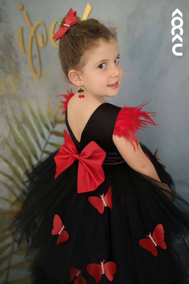 G3020 - Round Neck High Low Satin Tulle Baby Girl Gown With Butterflies