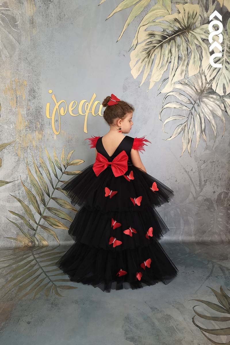 G3020 - Round Neck High Low Satin Tulle Baby Girl Gown With Butterflies