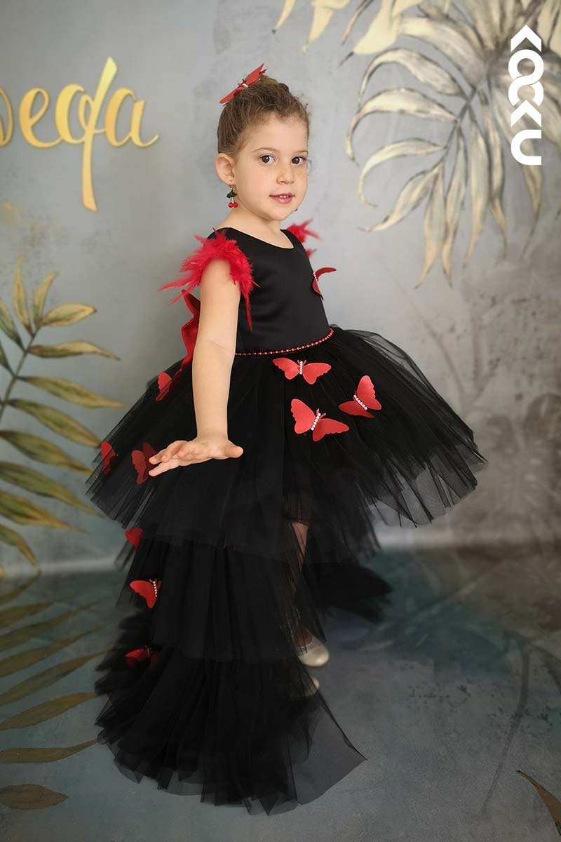 G3020 - Round Neck High Low Satin Tulle Baby Girl Gown With Butterflies