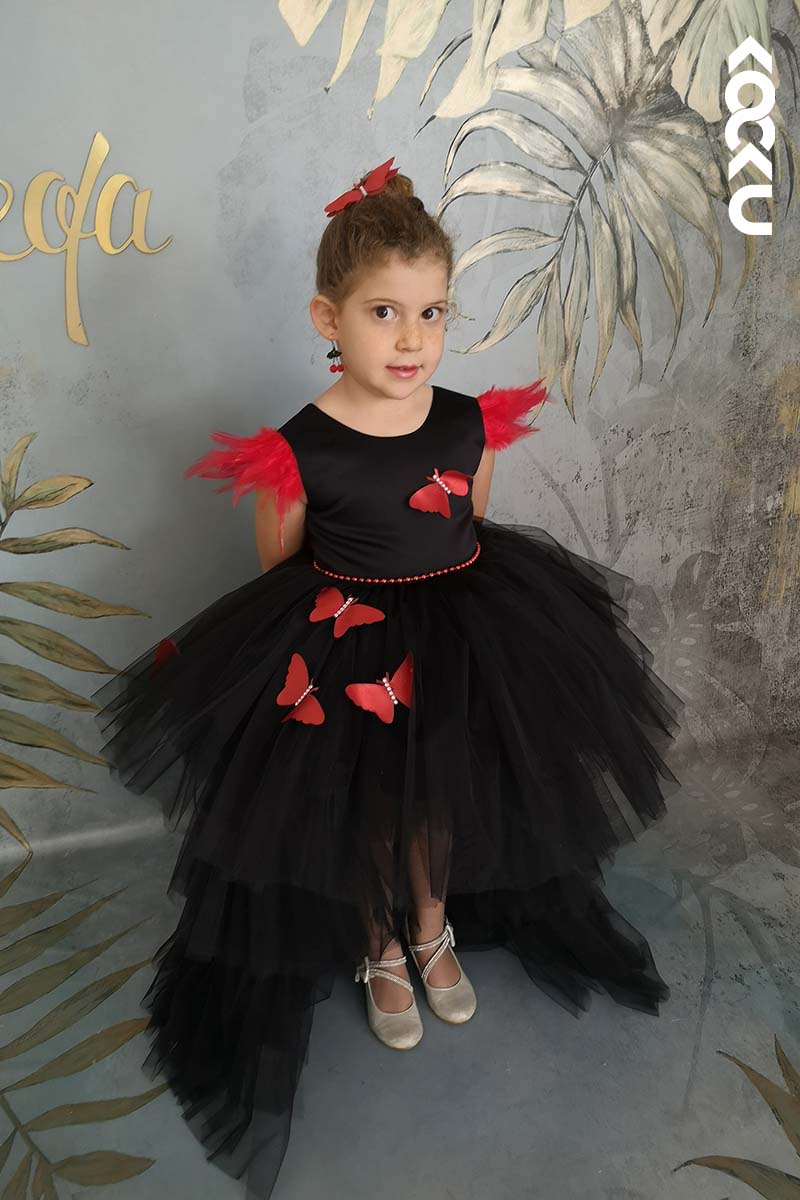 G3020 - Round Neck High Low Satin Tulle Baby Girl Gown With Butterflies