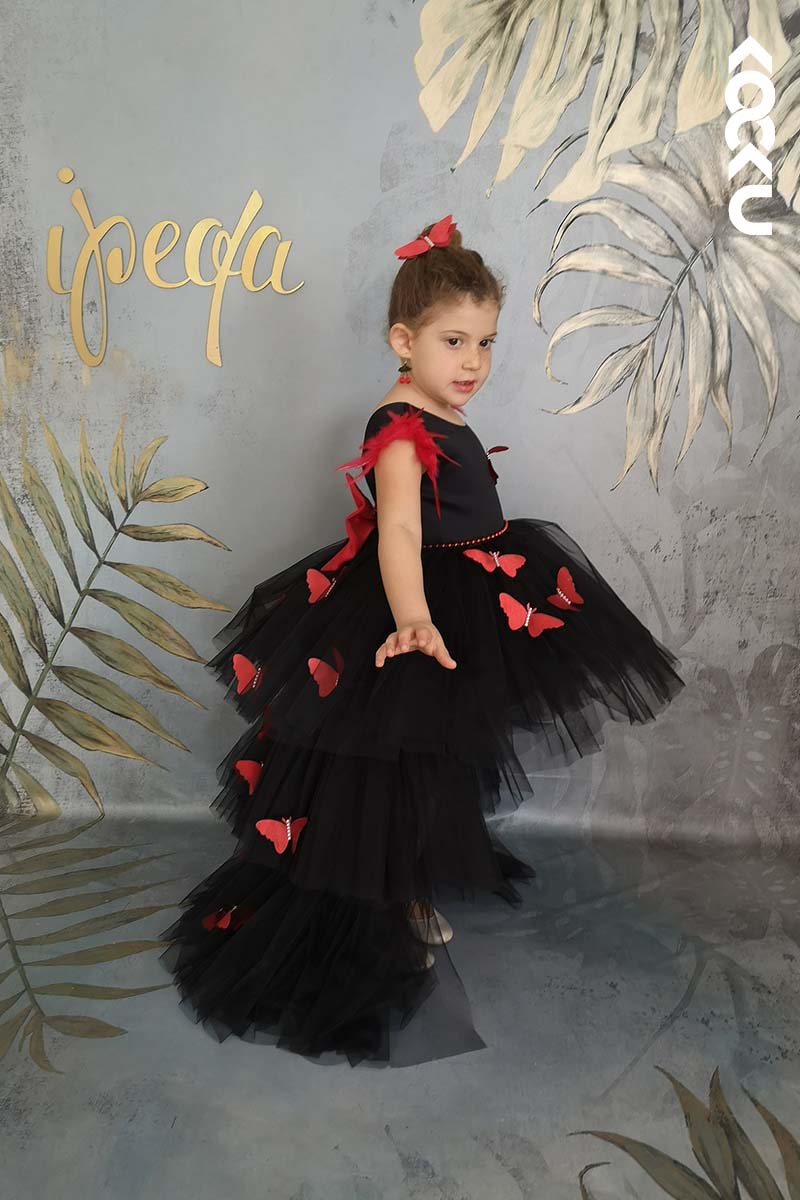 G3020 - Round Neck High Low Satin Tulle Baby Girl Gown With Butterflies