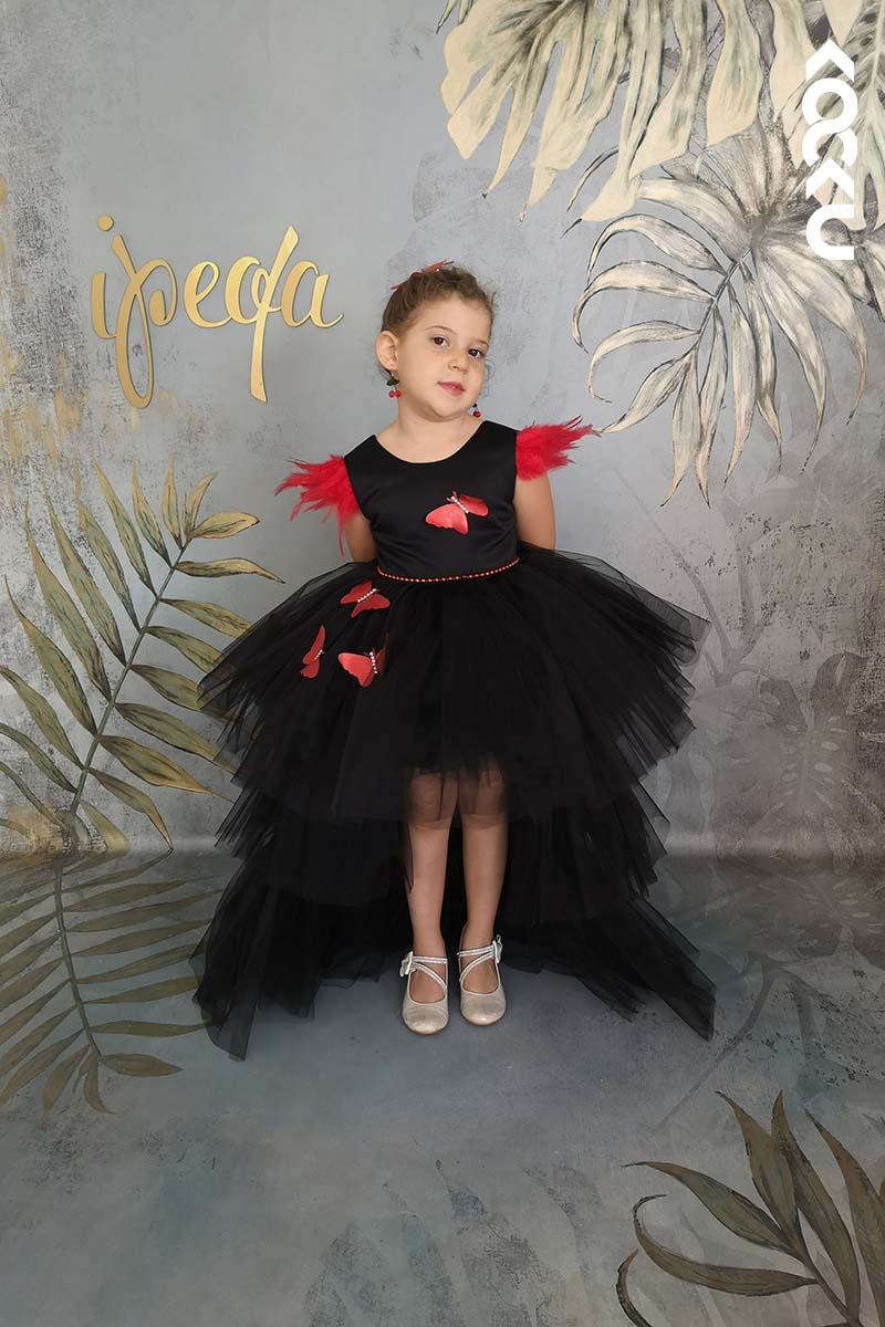 G3020 - Round Neck High Low Satin Tulle Baby Girl Gown With Butterflies