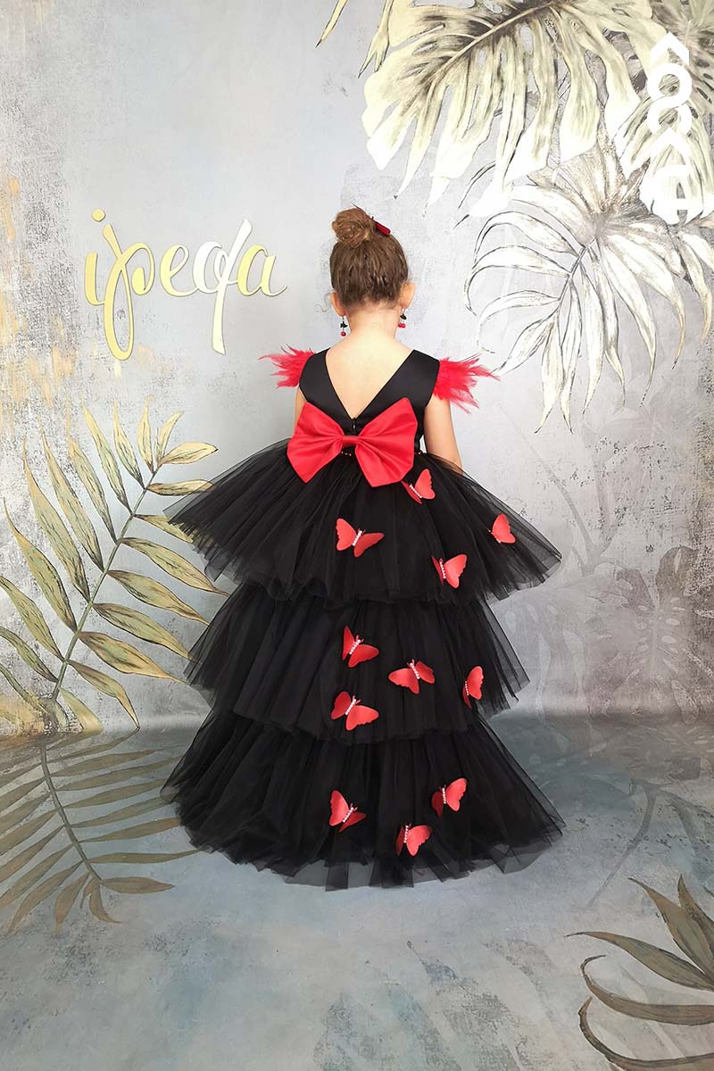 G3020 - Round Neck High Low Satin Tulle Baby Girl Gown With Butterflies