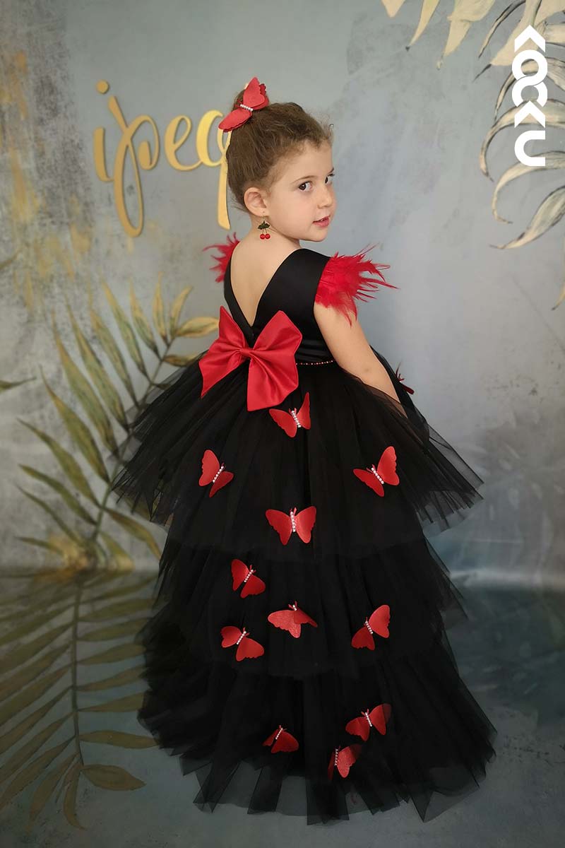 G3020 - Round Neck High Low Satin Tulle Baby Girl Gown With Butterflies