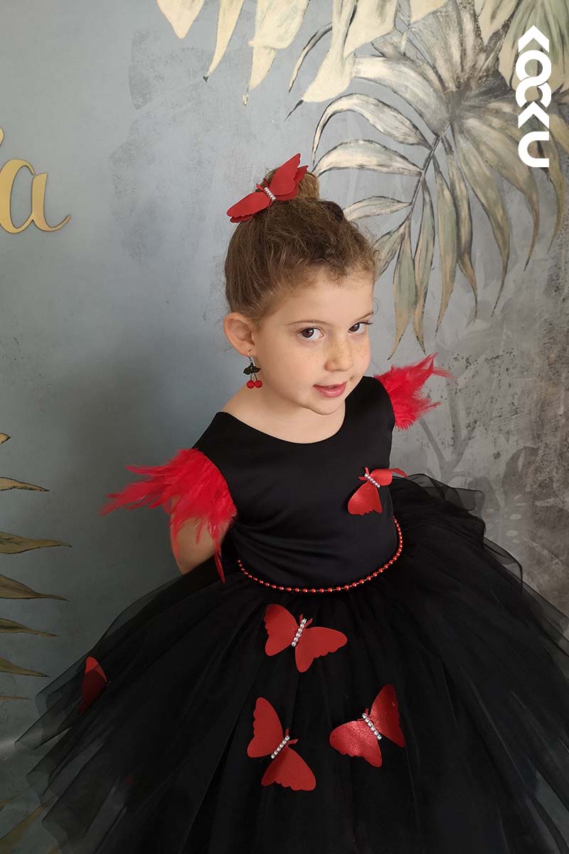 G3020 - Round Neck High Low Satin Tulle Baby Girl Gown With Butterflies
