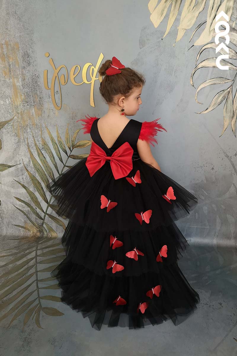 G3020 - Round Neck High Low Satin Tulle Baby Girl Gown With Butterflies