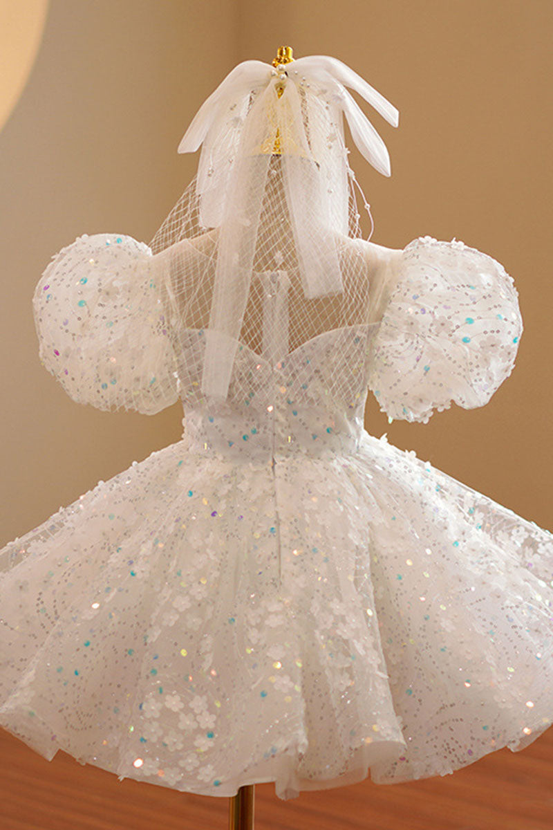 G3027 - Scoop Puff Sleeves Sequined Beaded A-Line Flower Girl Dress