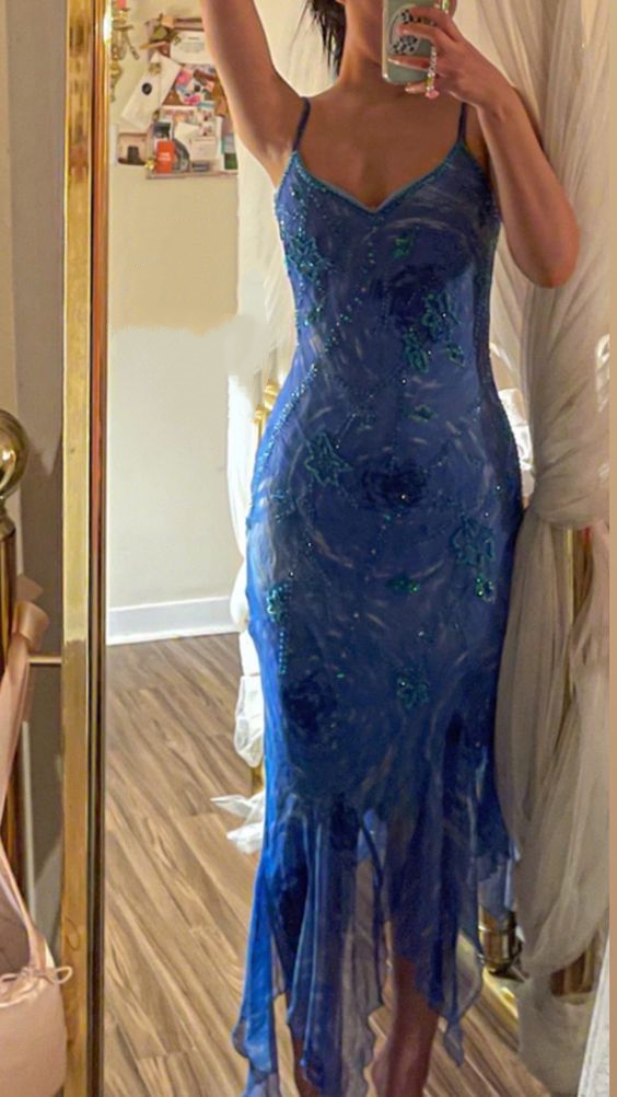 Sexy Spaghetti Straps Blue Chiffon Sequin Beaded Ruffle Mermaid Prom Dress Long Evening Gown D900