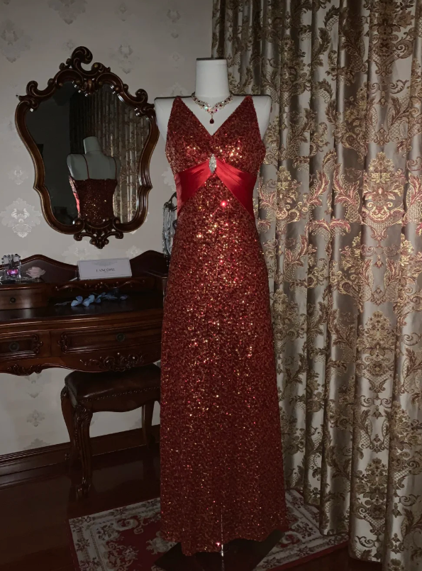 Vintage Red V Neck Sequin Beaded Mermaid Party Dress Long Evening Gown D1724